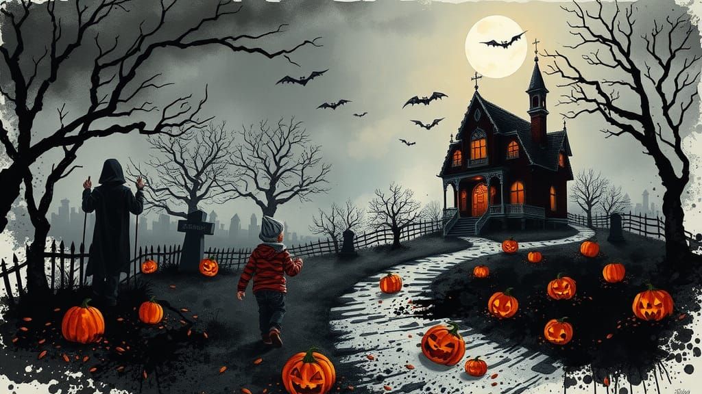 Halloween Landscape Ink Splatter Art with Haunted House