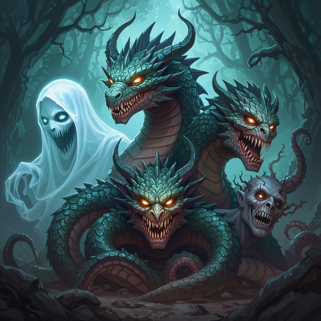 Multi-Headed Hydra with Contrasting Personalities in Dark Fa...