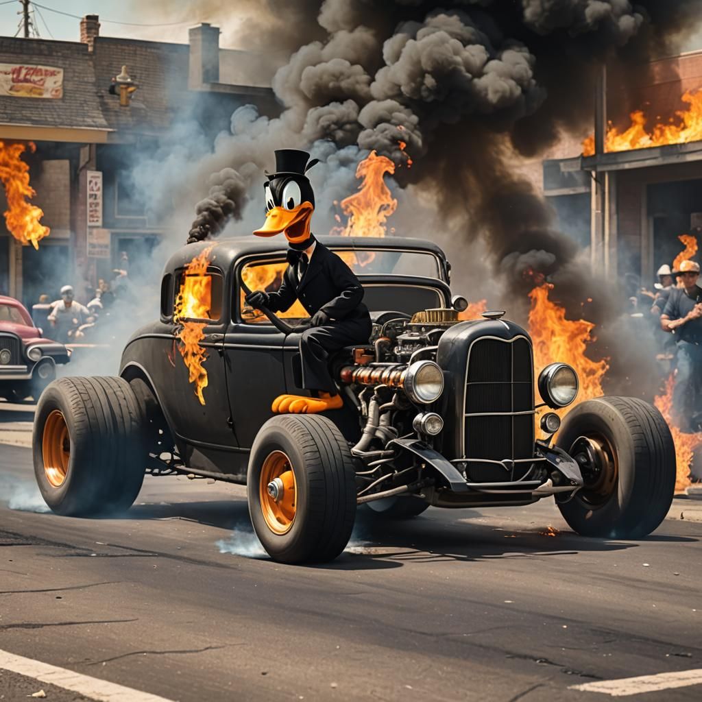 Gangster Daffy Duck in Hot Rod, Tires on Fire