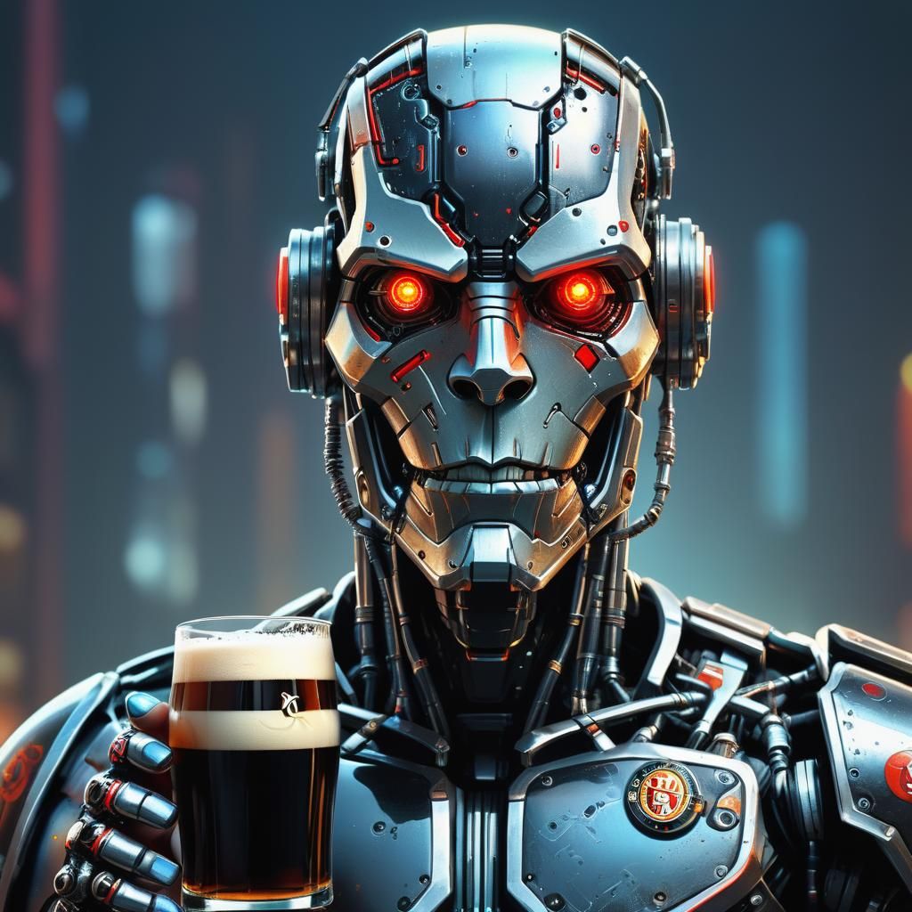 Cyborg with Guinness: Hyperrealistic Portrait with Neon Acce...