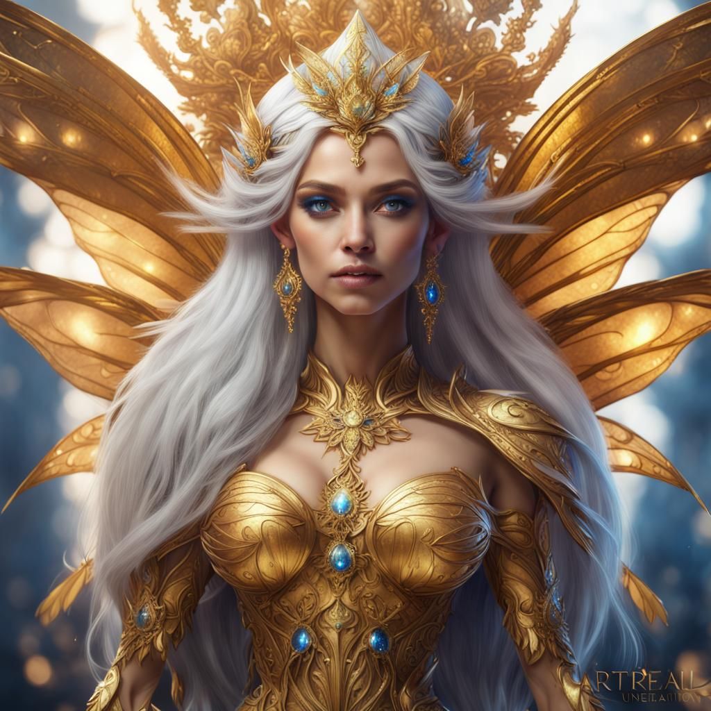 Golden Fairy Queen with White Hair, Digital Art