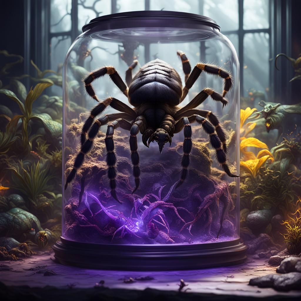 Tarantula Attacks Scorpion in Terrarium, Dark Fantasy Art