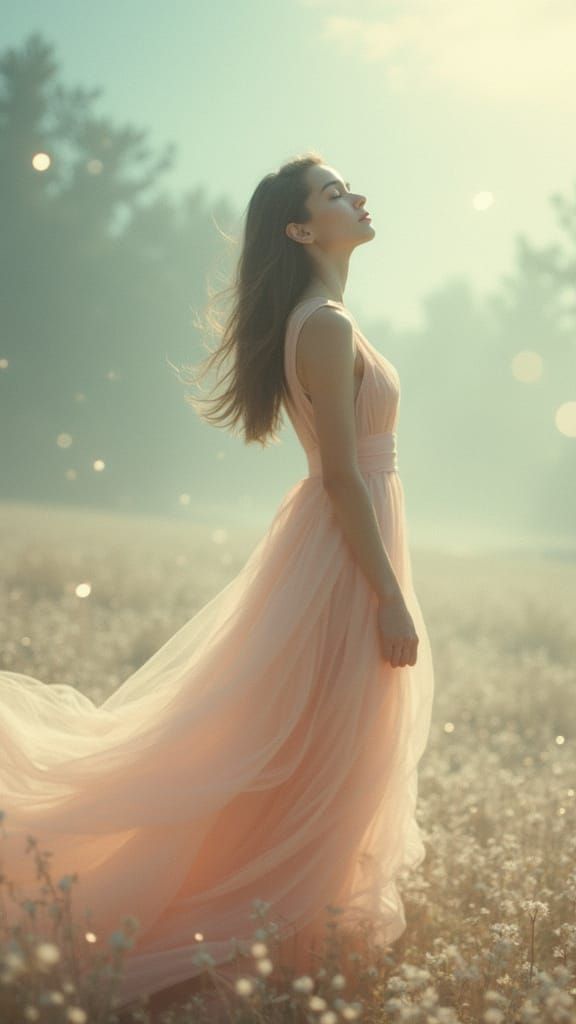 Ethereal Woman in Pastel Landscape, Digital Art