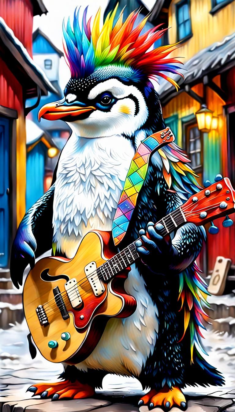 Penguin with Mohawk Plays Guitar in Village