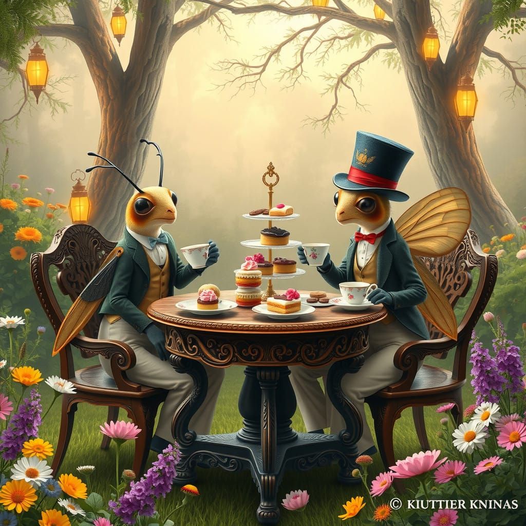 Refined Crickets Take Tea in an English Country Garden