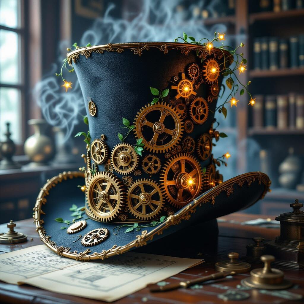 Steampunk Top Hat of Gears and Clockwork with Glowing Flower...