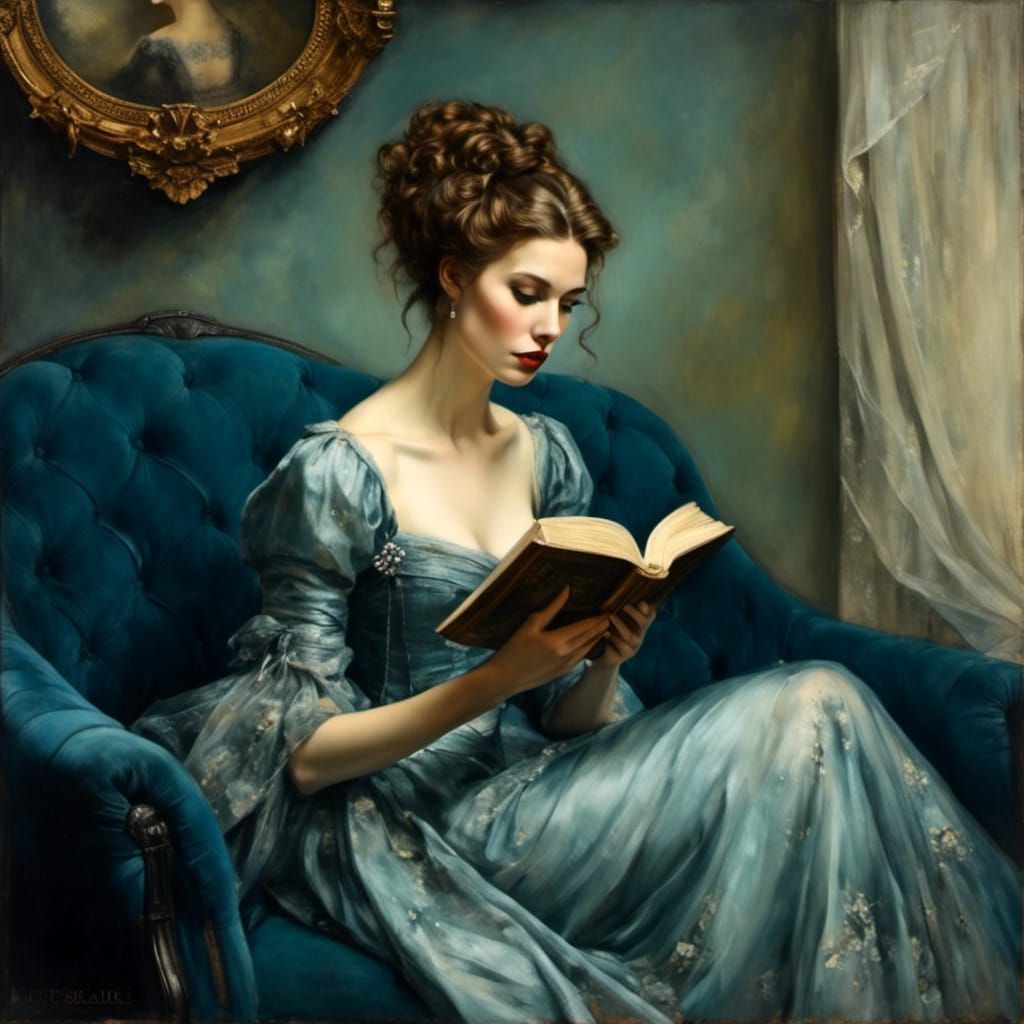 Young Woman Reading Tome on Velvet Couch