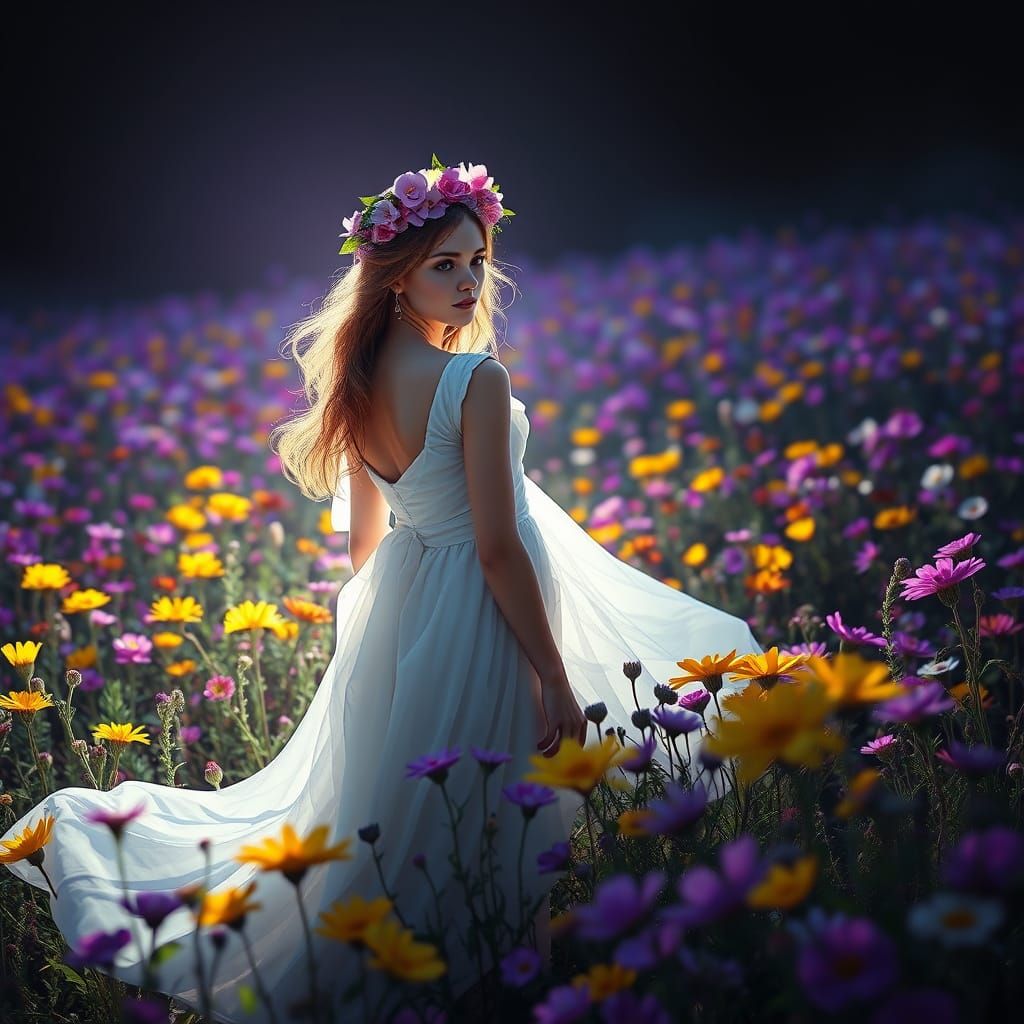 a breathtaking portrait of a young woman in a flowing white ...