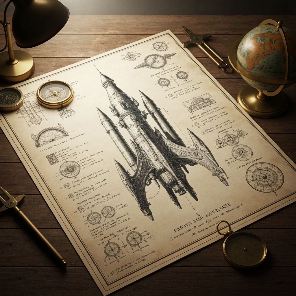 Intricate Rococo Rocket Blueprint Art Piece