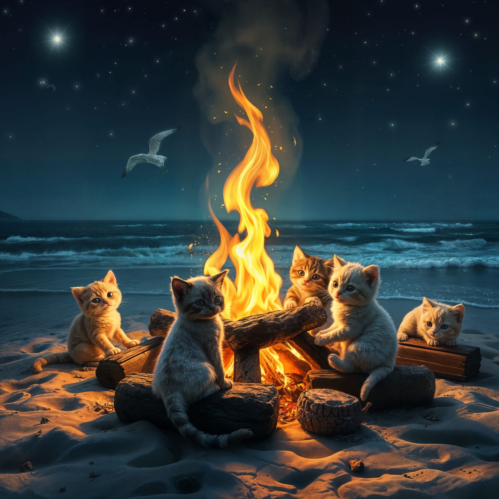 Kittens Tell Stories Around Beach Bonfire