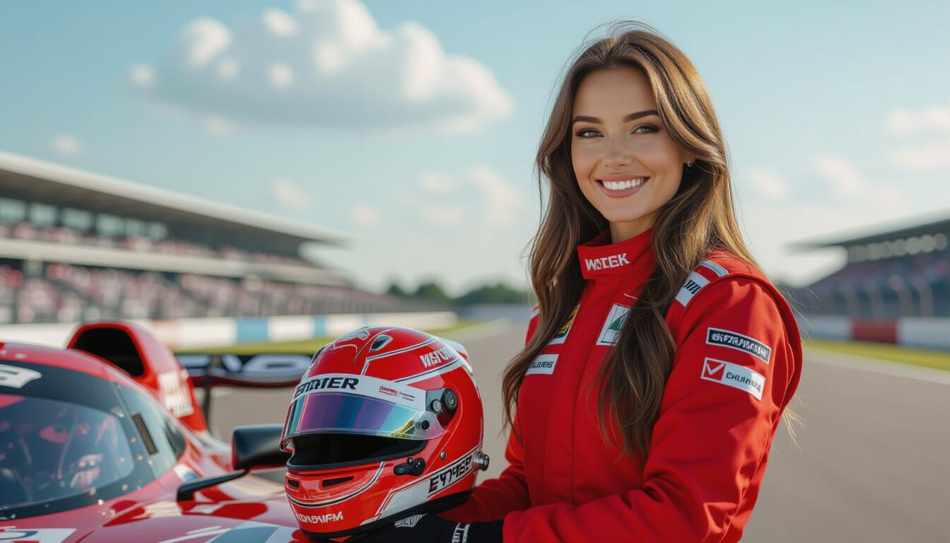 Russian Woman Racer in Red Uniform with Helmet