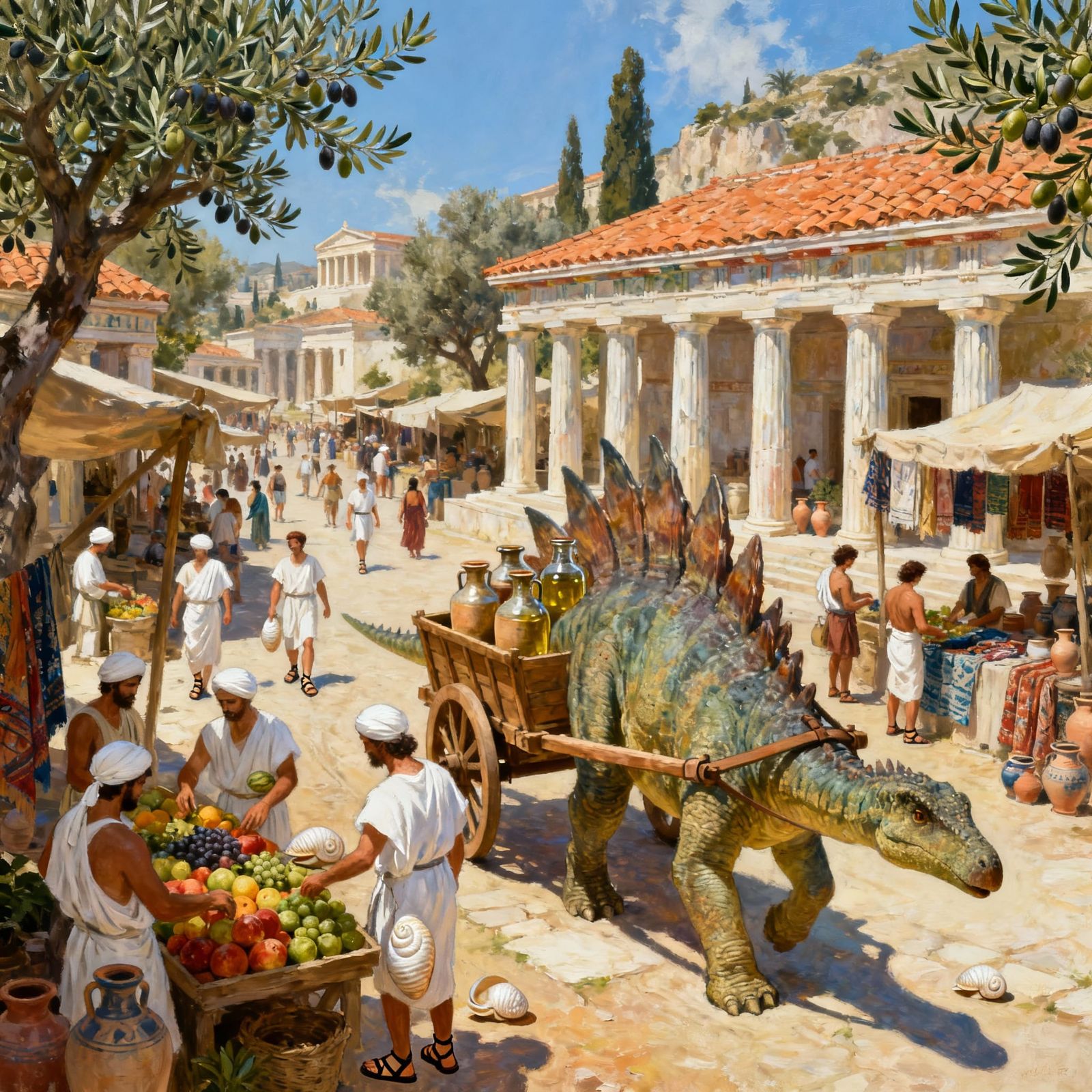 Ancient Athens Marketplace with Stegosaurus in James Gurney ...