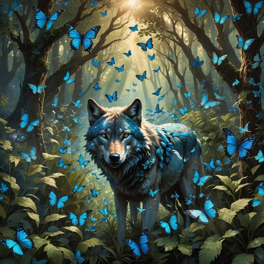 Wolf Surrounded by Blue Butterflies in Lush Forest