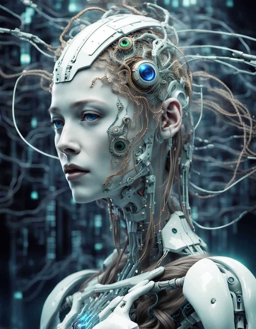Cyborg Oracle with Mechanical Snakes in Astral Dream