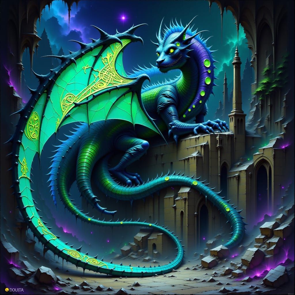 Bioluminescent Dragon on Gothic Cathedral in Cosmic Horror S...
