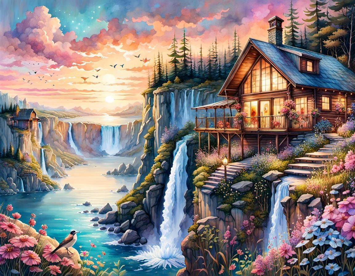 Fantasy Cabin by Waterfalls in Digital Watercolor