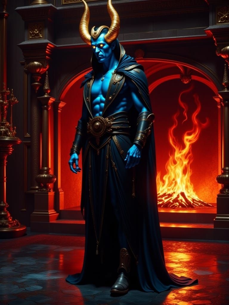 Demon Man with Blue Skin and Golden Horns in Gothic Setting