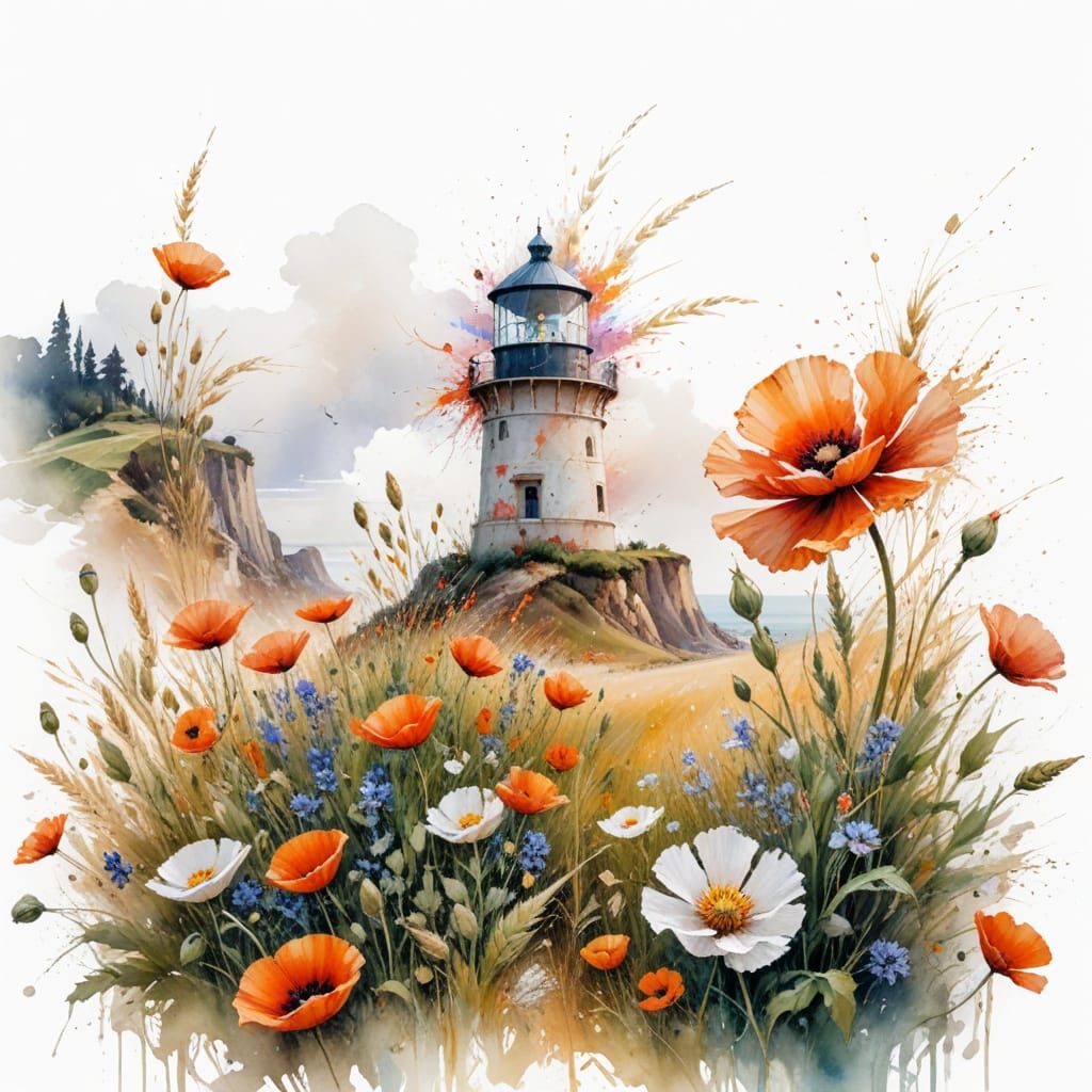 Lighthouse on Tuscan Cliff with Poppies at Golden Hour
