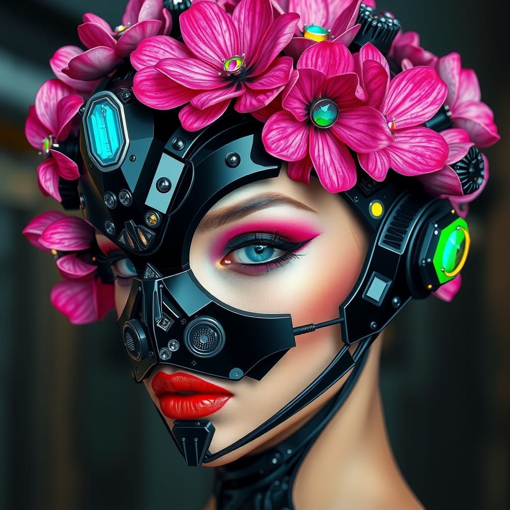 Cybernetic Portrait with Floral Headpiece in Futuristic Styl...