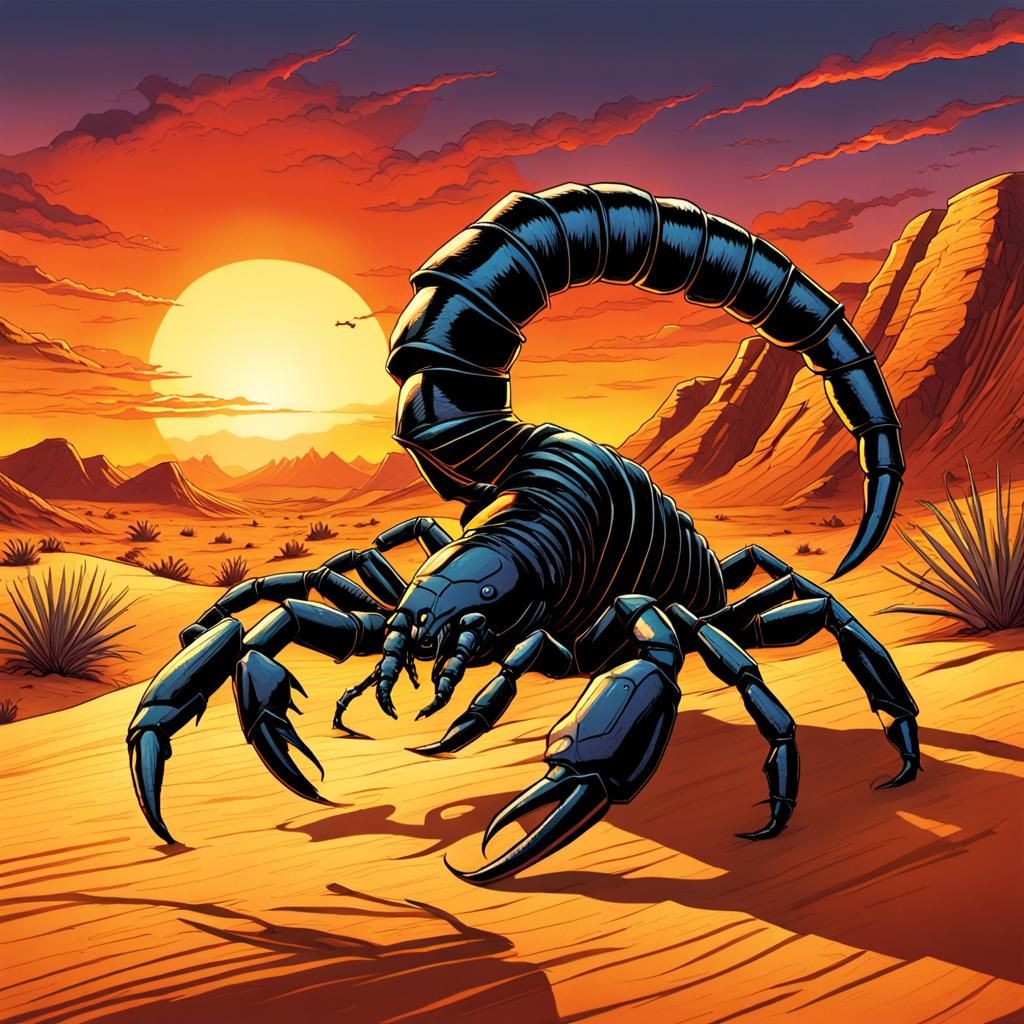 Giant Black Scorpion in Desert, Comic Book Art
