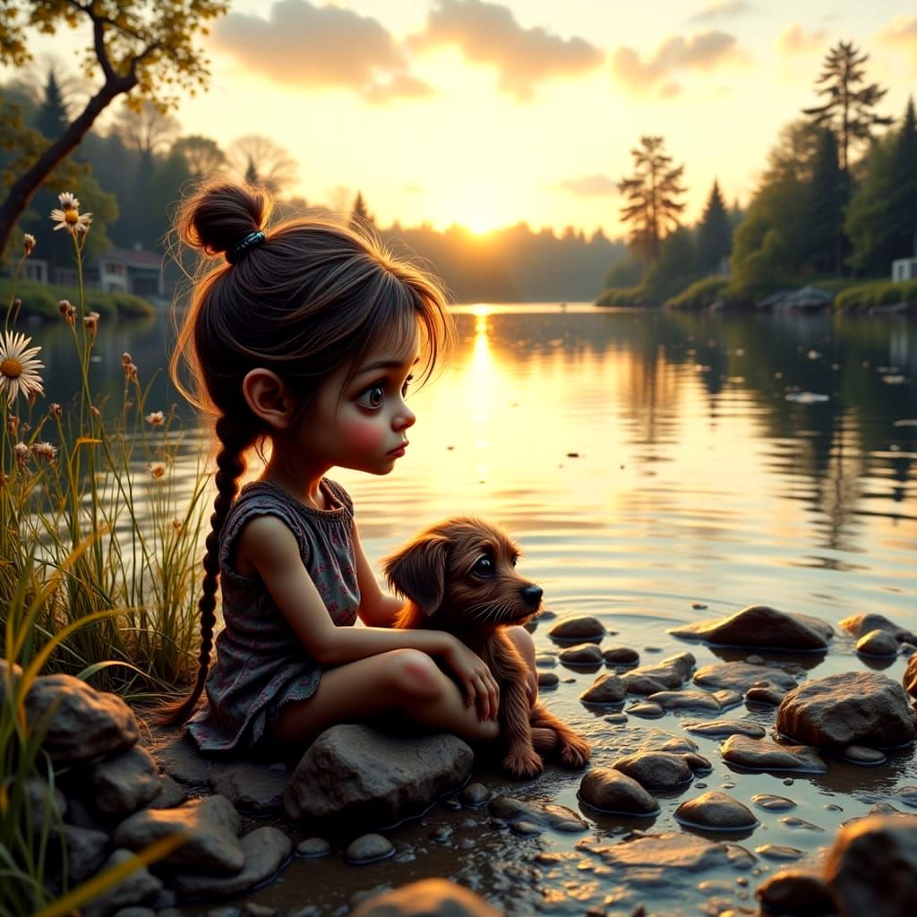 Girl with Puppy Gazing at Lake, Caricature Style