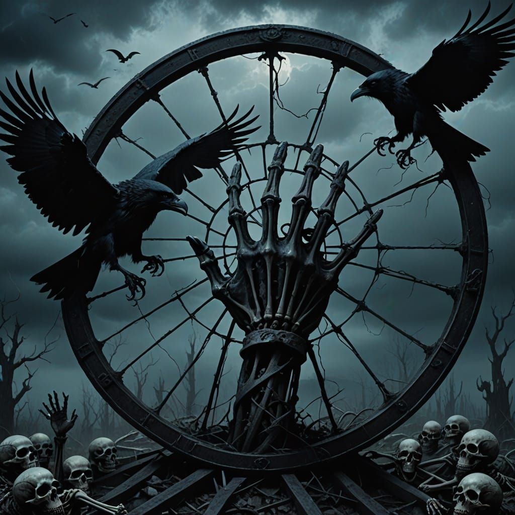 Skeletal Figures Turn Wheel of Death Amid Dark, Ominous Skie...