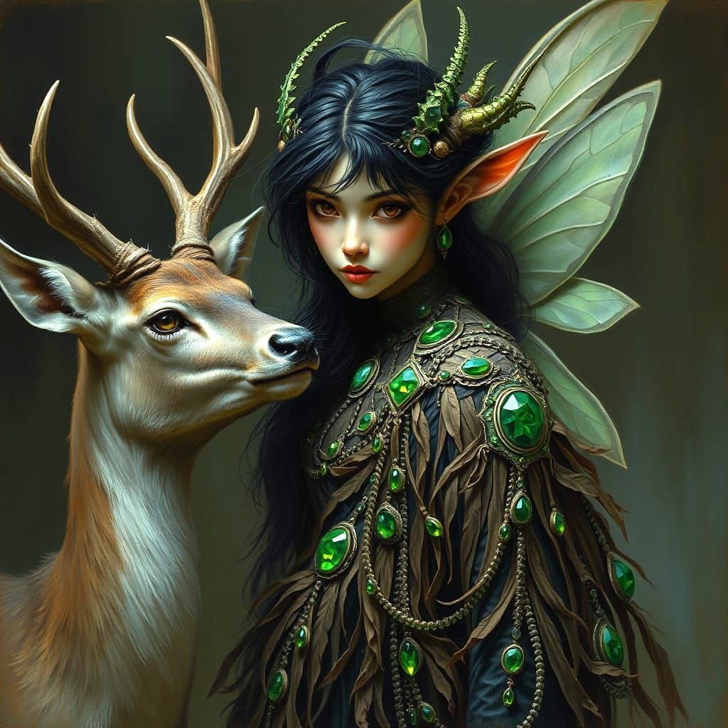 Detailed Portrait of Forest Fairy with Deer