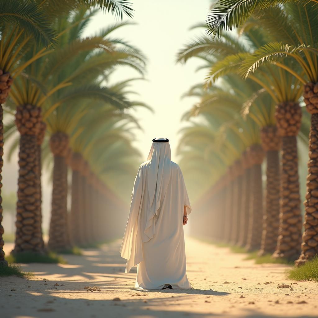 Sheikh in Palm Orchard with Bokeh Glow