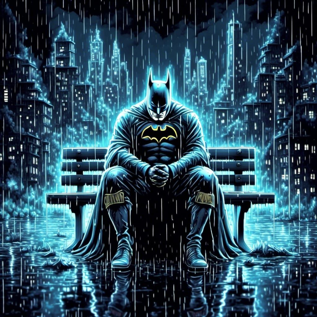 Lonely Batman in Rainy Gotham: Neon Portrait