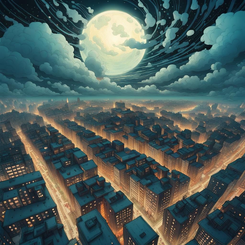 Moonlit Cityscape in Iridescent Digital Art Style