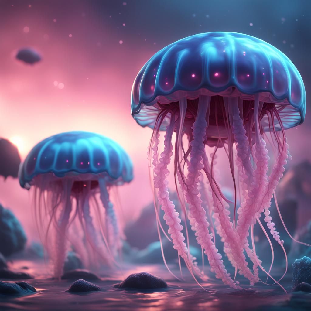 Fantastical Jellyfish with Pink Tentacles in Digital Paintin...