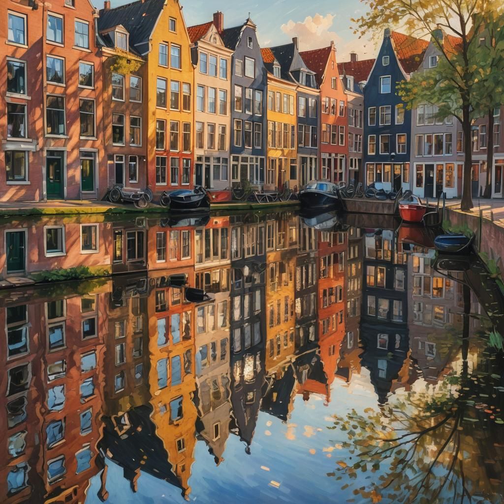 Colorful Dutch Townhouses Reflected: Impressionist Painting