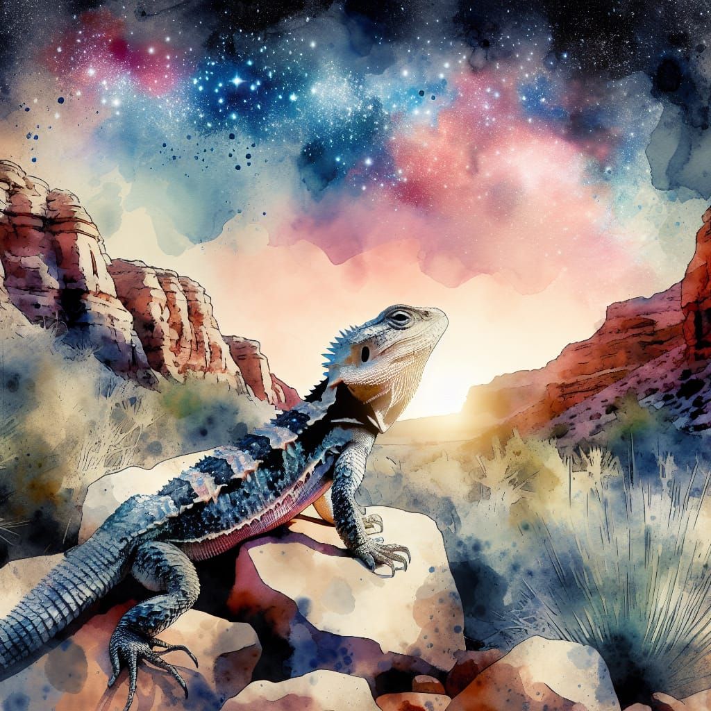Great Basin Lizard in Watercolor Desert Canyon