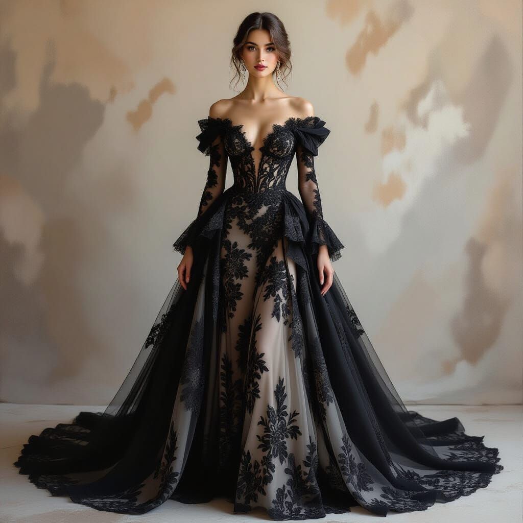 Woman in Magnificent Black Lace Gown, Romantic Painterly Sty...