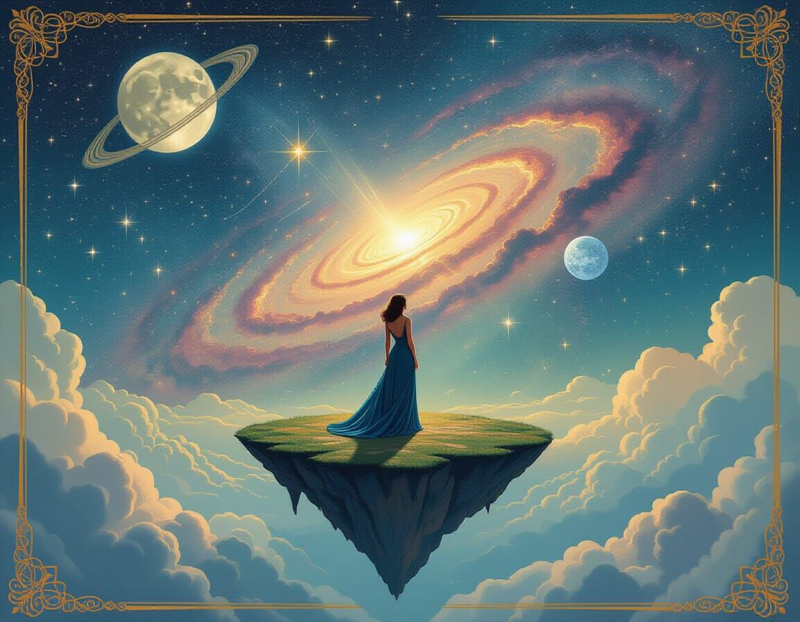 Art Deco Woman Gazing at Nebula on Island