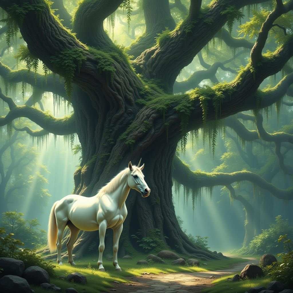 Ethereal Unicorn Before Glowing Ancient Tree