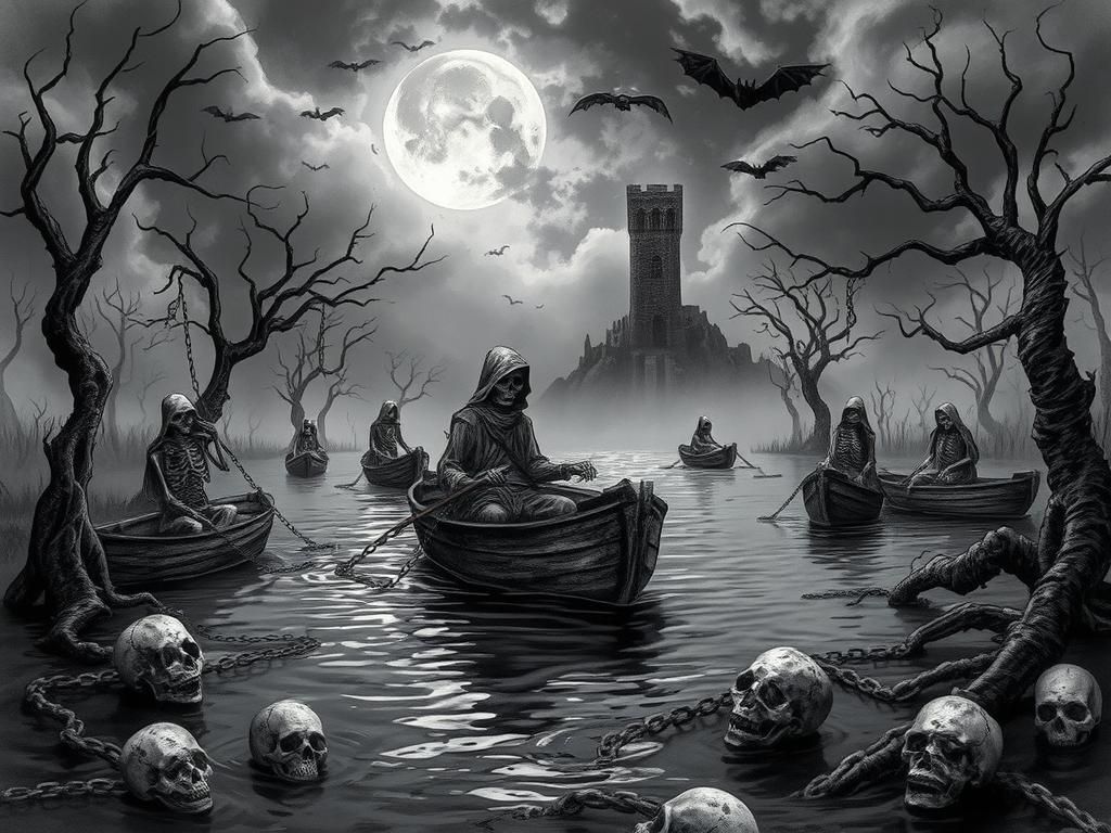 Haunting Monochromatic Swamp Scene with Skeletal Figures