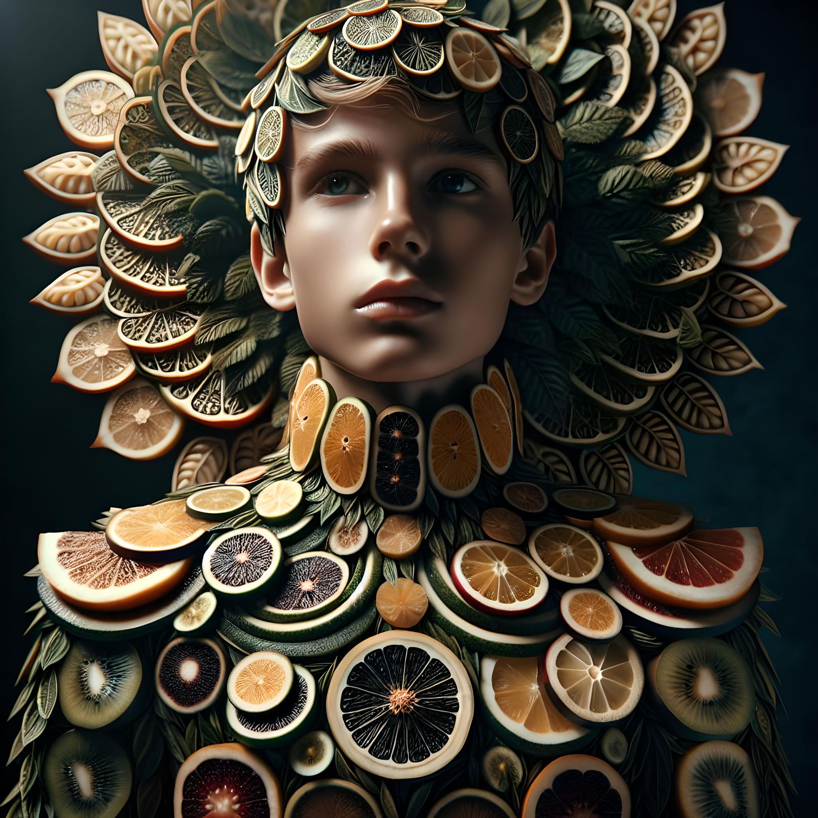 Teenager in Fruit Outfit: Hyperrealistic HDR Image