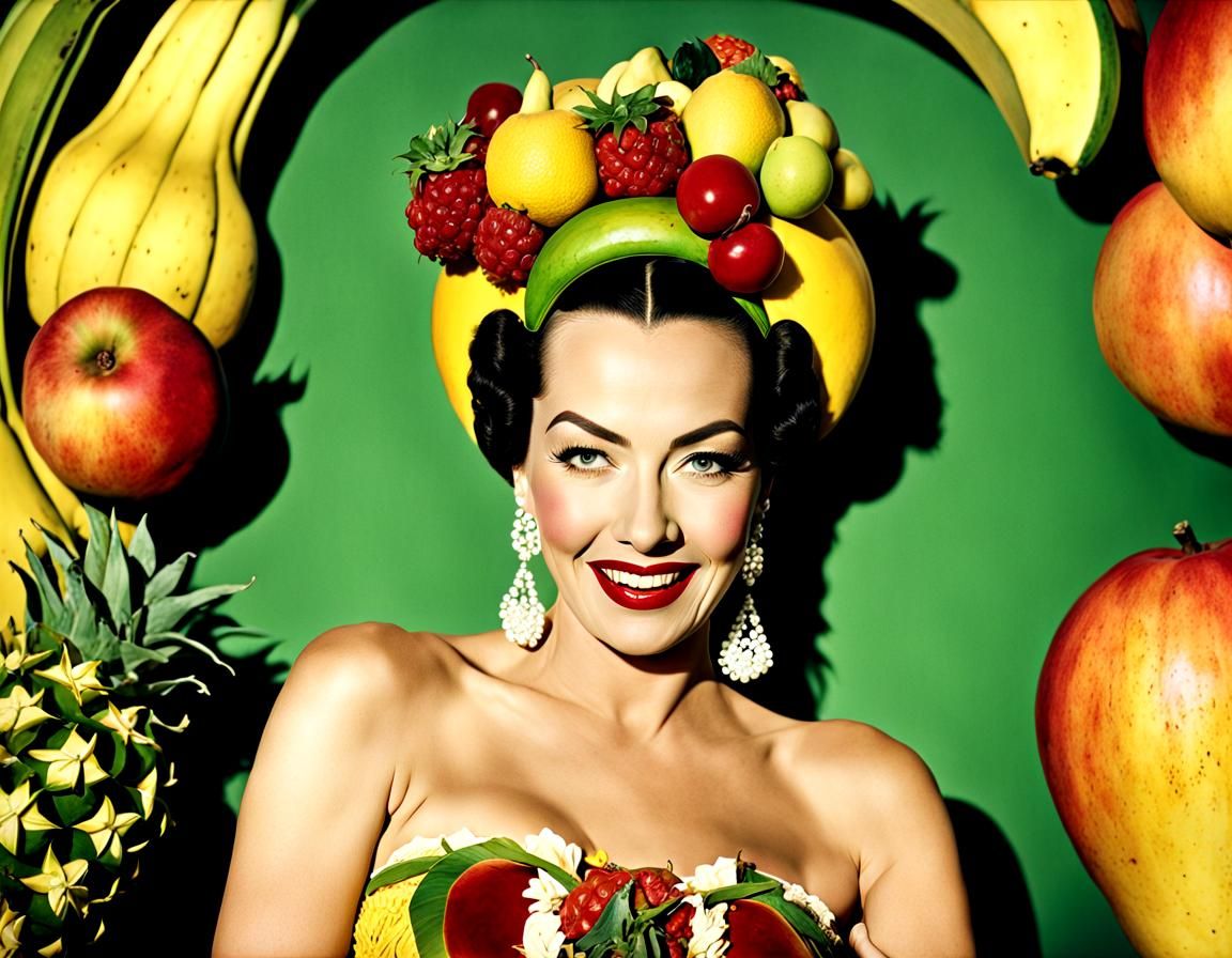 Hand tinted portrait of Carmen Miranda, wearing a fruit hat, Cinematic film still, shot on v-raptor XL, film grain, vign...