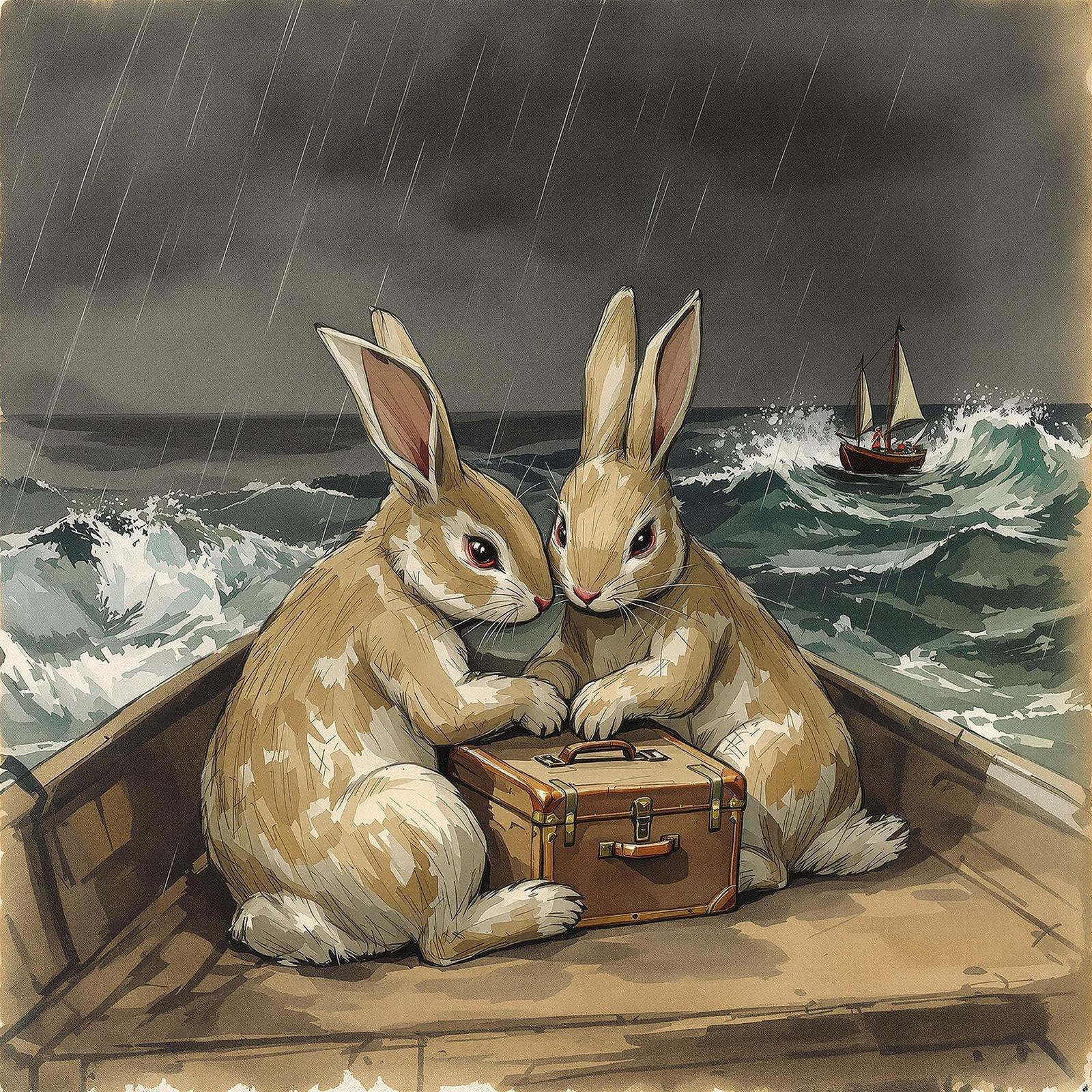 Rabbits in Storm: Egon Schiele-Style Gouache Sketch