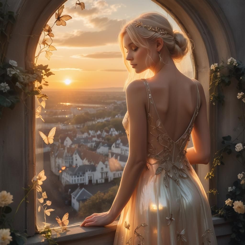 Sunset Fairy in Arched Window