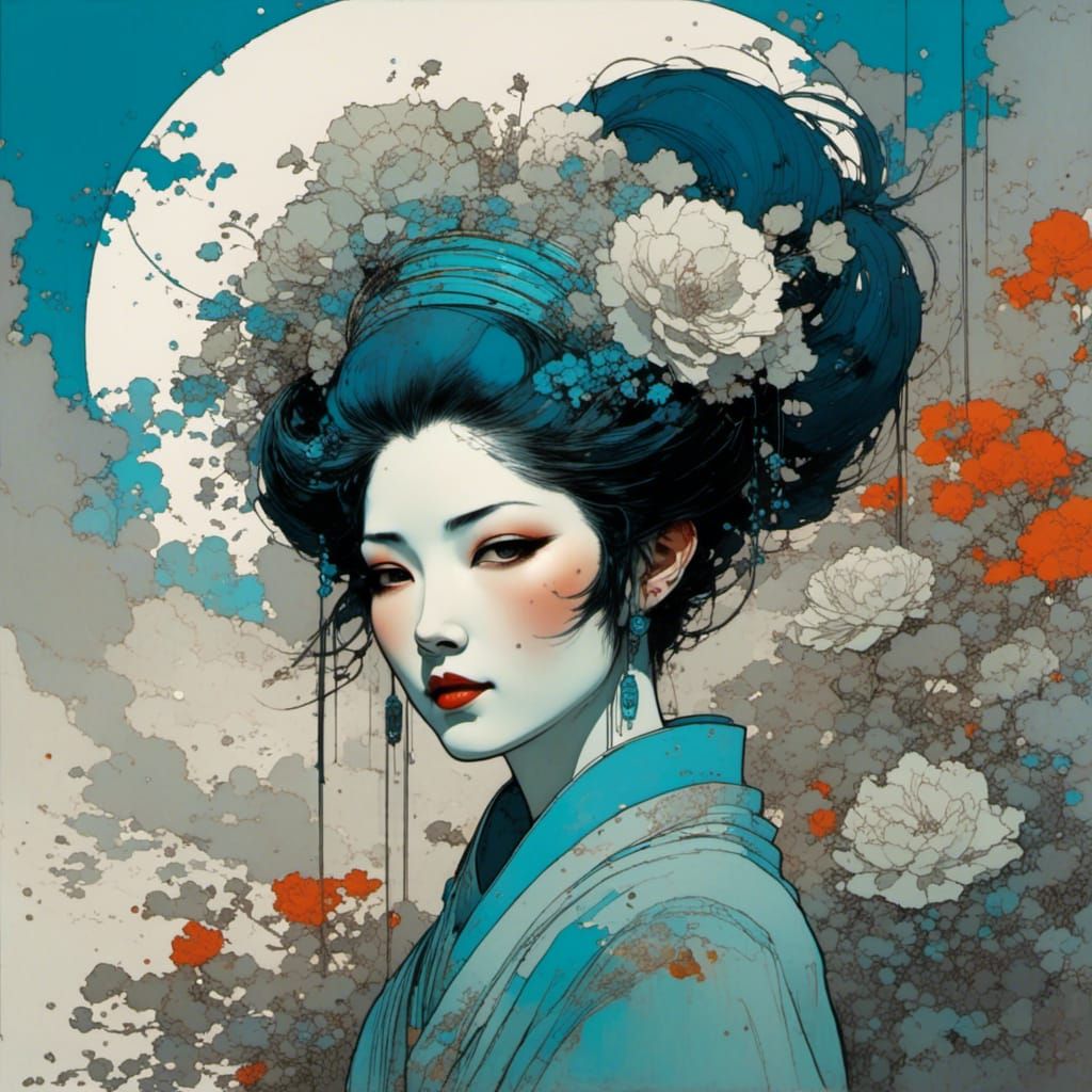 Punk Geisha with Flowers, Oil Painting Style