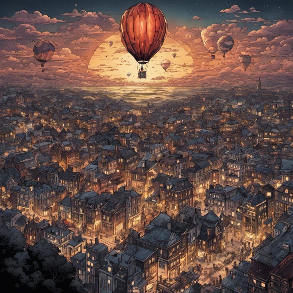 Hot Dog Balloon Over City: Comic Book Art