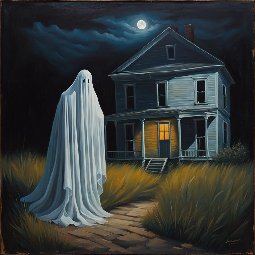 Spooky Sheet Ghost Oil Painting at Night