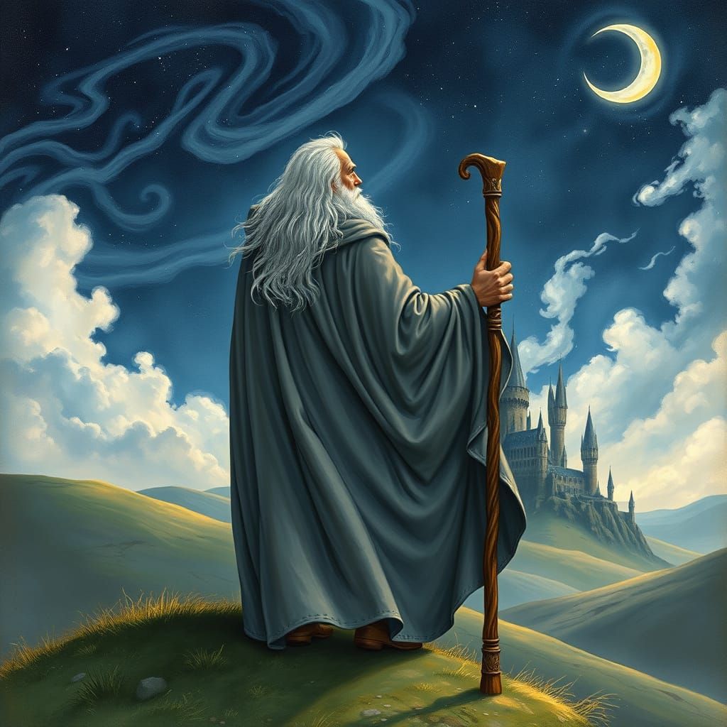 Magical Wizard Gazing at Hogwarts Under Starry Sky