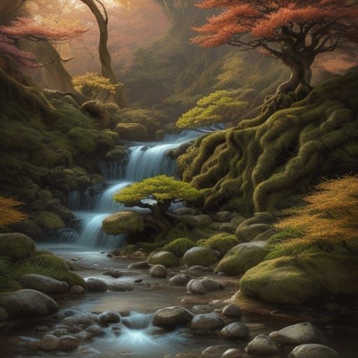 Enchanting Mountain Stream at Golden Sunset Surrealism