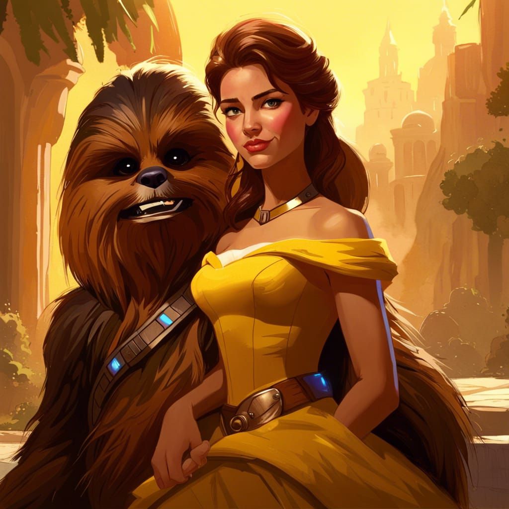 Belle and Chewbacca Portrait in Digital Painting Style