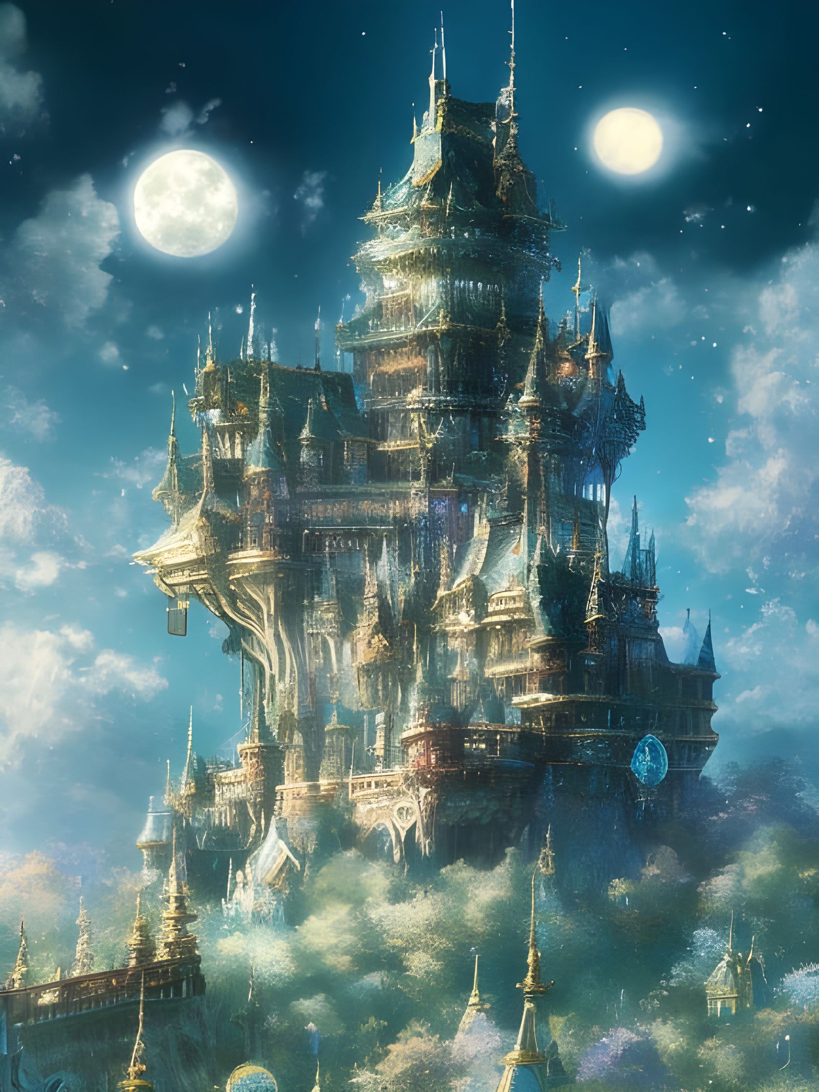 Epic Star Castle Under Full Moon in Anime Style