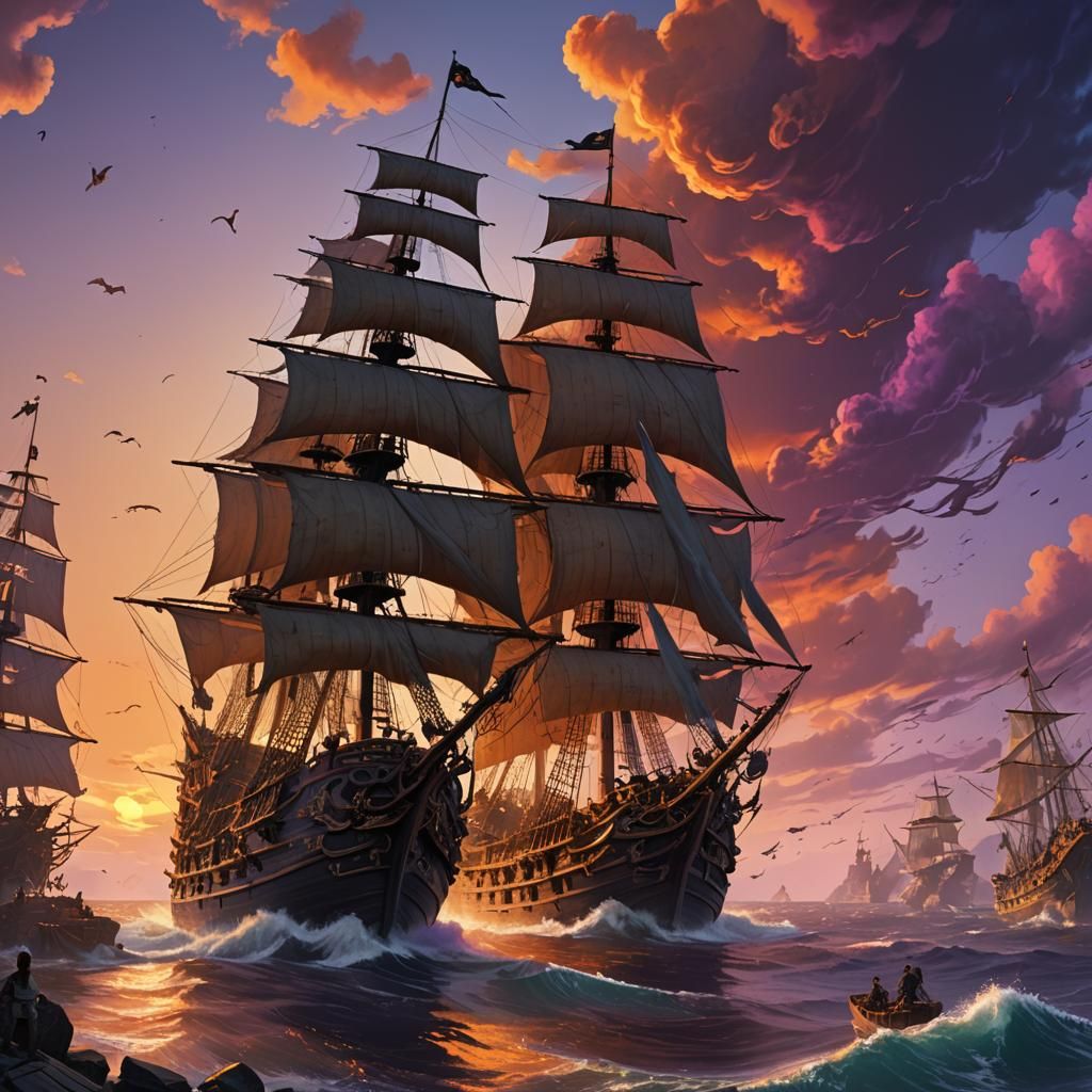 Pirate Ship Battle at Sunset: Fantasy Matte Painting