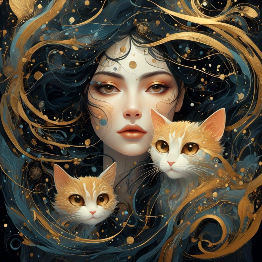 Woman and Cat in Magical Gilded Forest